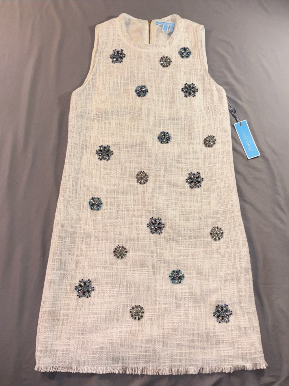 Draper James Hilton Embellished Tweed Shift Dress Sz 8 Ivory Rhinestone NWT Chic